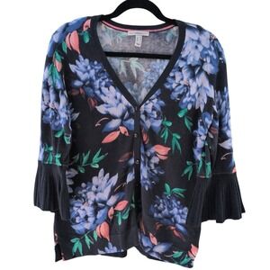 Isaac Mizrahi Floral Print Cardigan Sweater Womens Medium Blue Pink Bell Sleeve